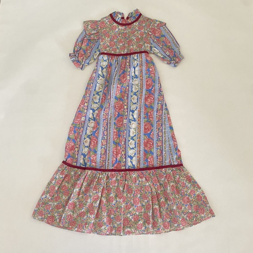 VTG Kandy Kiss Girls Sz 8 Blue Floral Dress Red Trim Babydoll‎ Fairycore Cottage